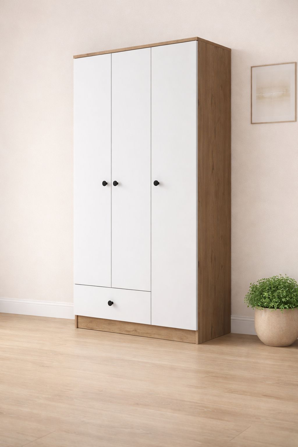 Gardırop Elbise Dolabı 3 Kapaklı 1 Çekmeceli 6 Raflı 1 Askılı Sepet Ceviz - Beyaz VLR 7001