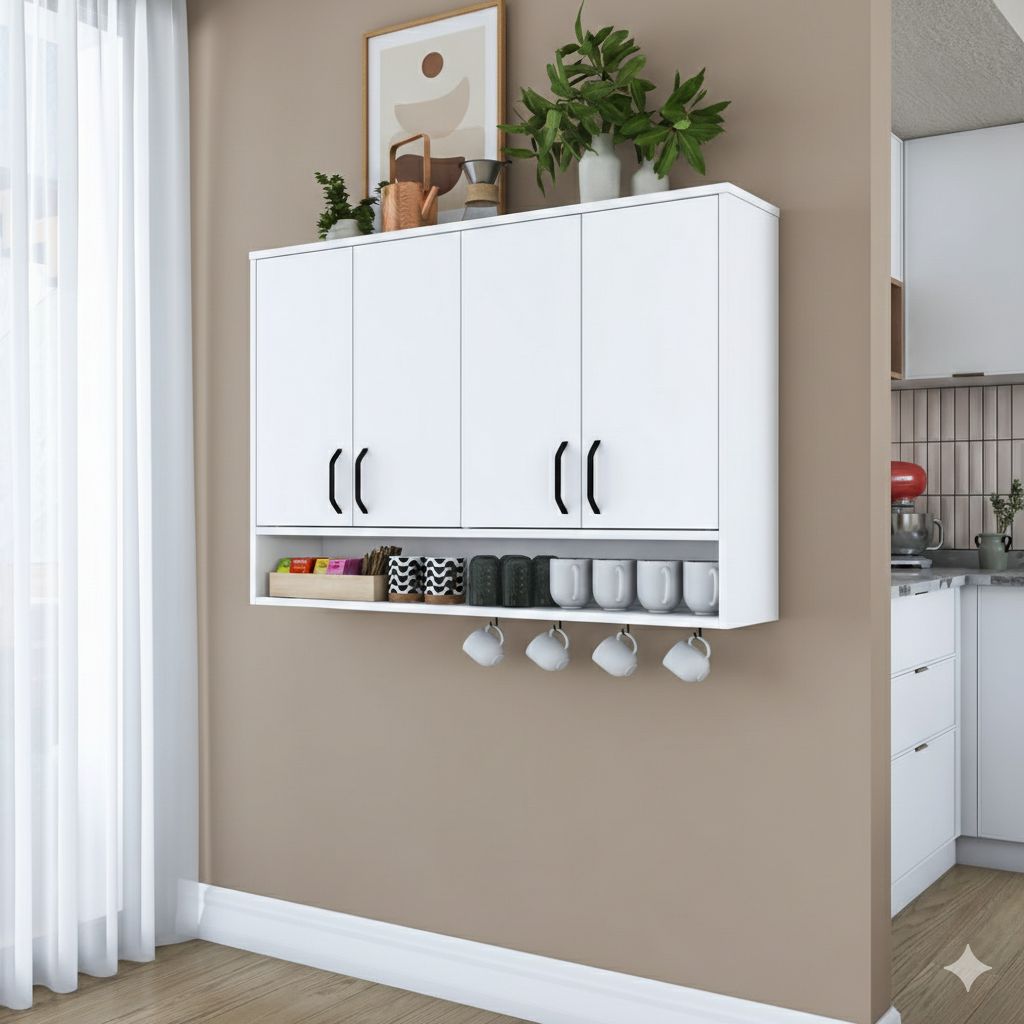 Kahve Köşesi Çok Amaçlı Dolap Üst Modül Mutfak Rafı Beyaz