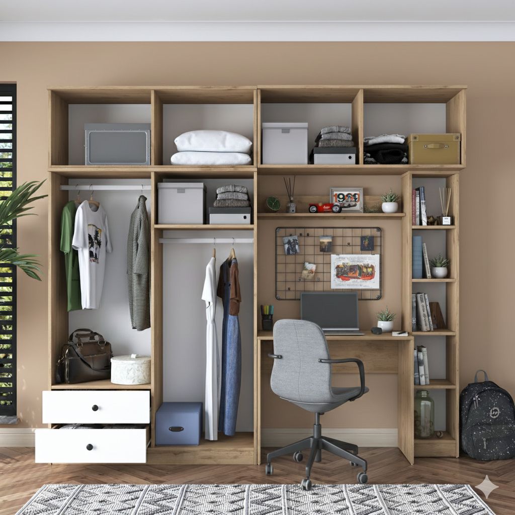 Geniş Gardırop Açık Raflı Elbise Dolabı + Çalışma Masası + Kitaplık VLR 7003