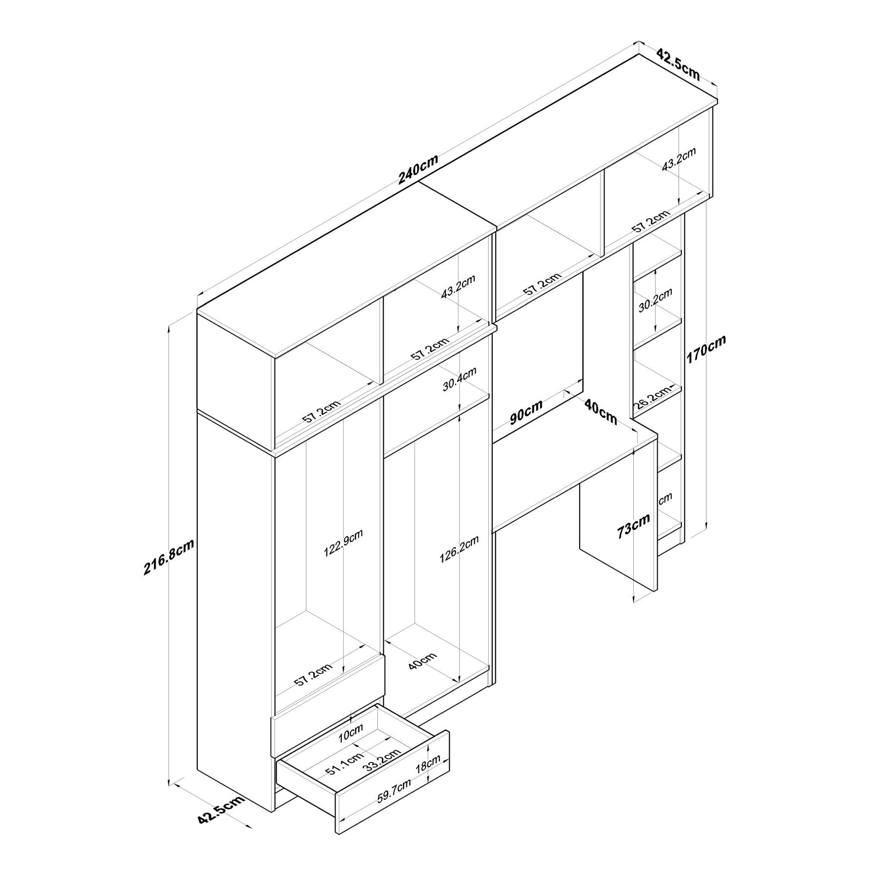 Geniş Gardırop Açık Raflı Elbise Dolabı + Çalışma Masası + Kitaplık VLR 7003