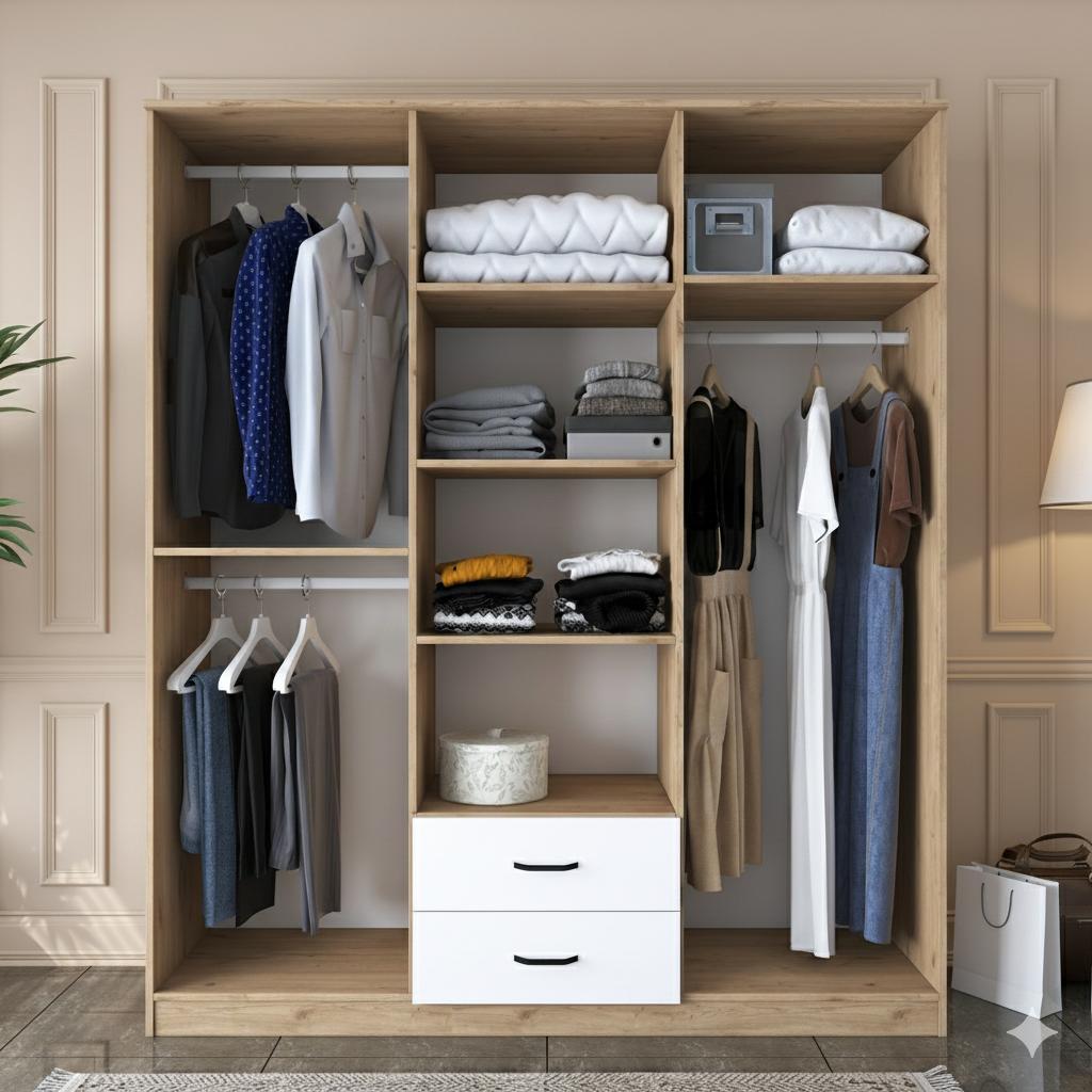 Geniş Gardırop Elbise Dolabı 6 Kapaklı 2 Çekmeceli 5 Raflı 3 Askılı Sepet Ceviz - Beyaz VLR 7005