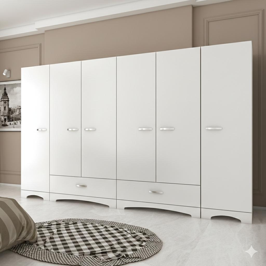 Geniş Gardırop Elbise Dolabı 6 Kapaklı 2 Çekmeceli 12 Raflı 2 Askılı Tek Modül Beyaz VLR 7006