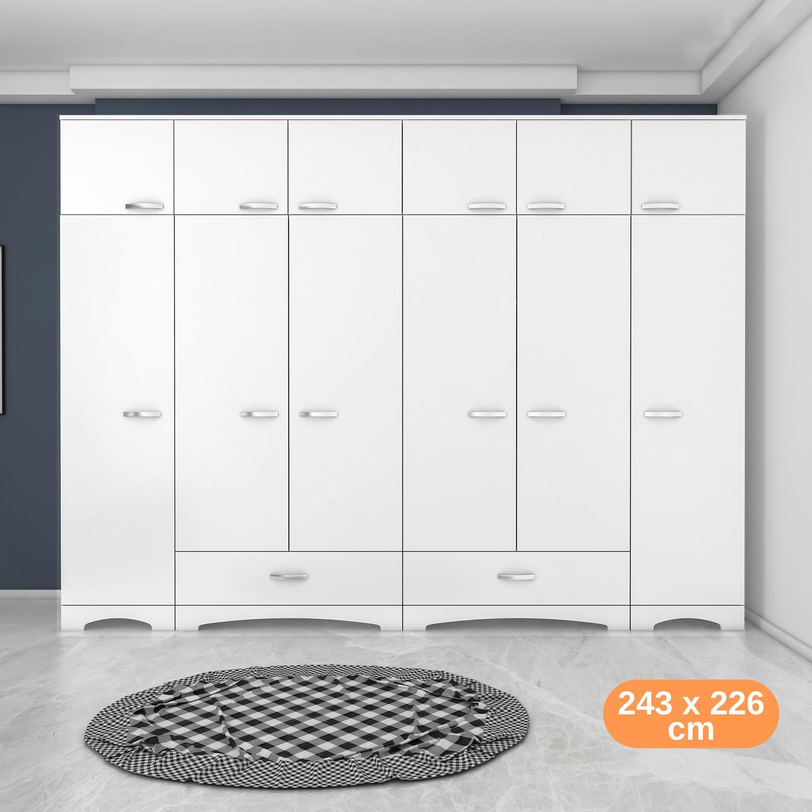 Geniş Gardırop Elbise Dolabı 12 Kapaklı 2 Çekmeceli 16 Raflı 2 Askılı Beyaz VLR 7007