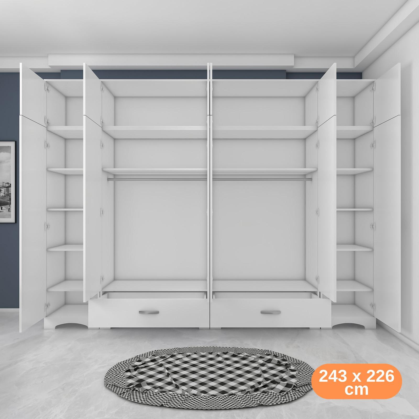 Geniş Gardırop Elbise Dolabı 12 Kapaklı 2 Çekmeceli 16 Raflı 2 Askılı Beyaz VLR 7007