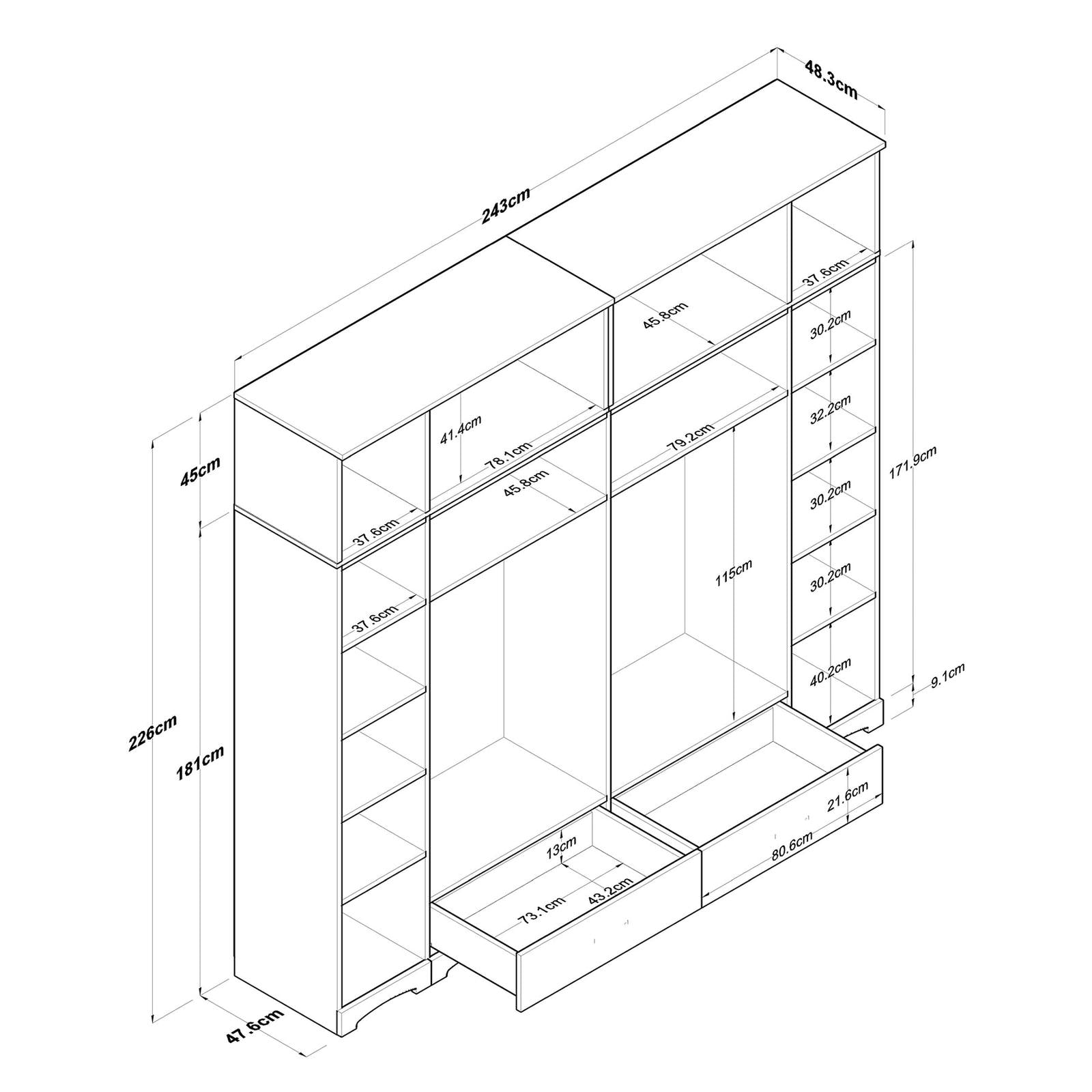 Geniş Gardırop Elbise Dolabı 12 Kapaklı 2 Çekmeceli 16 Raflı 2 Askılı Beyaz VLR 7007
