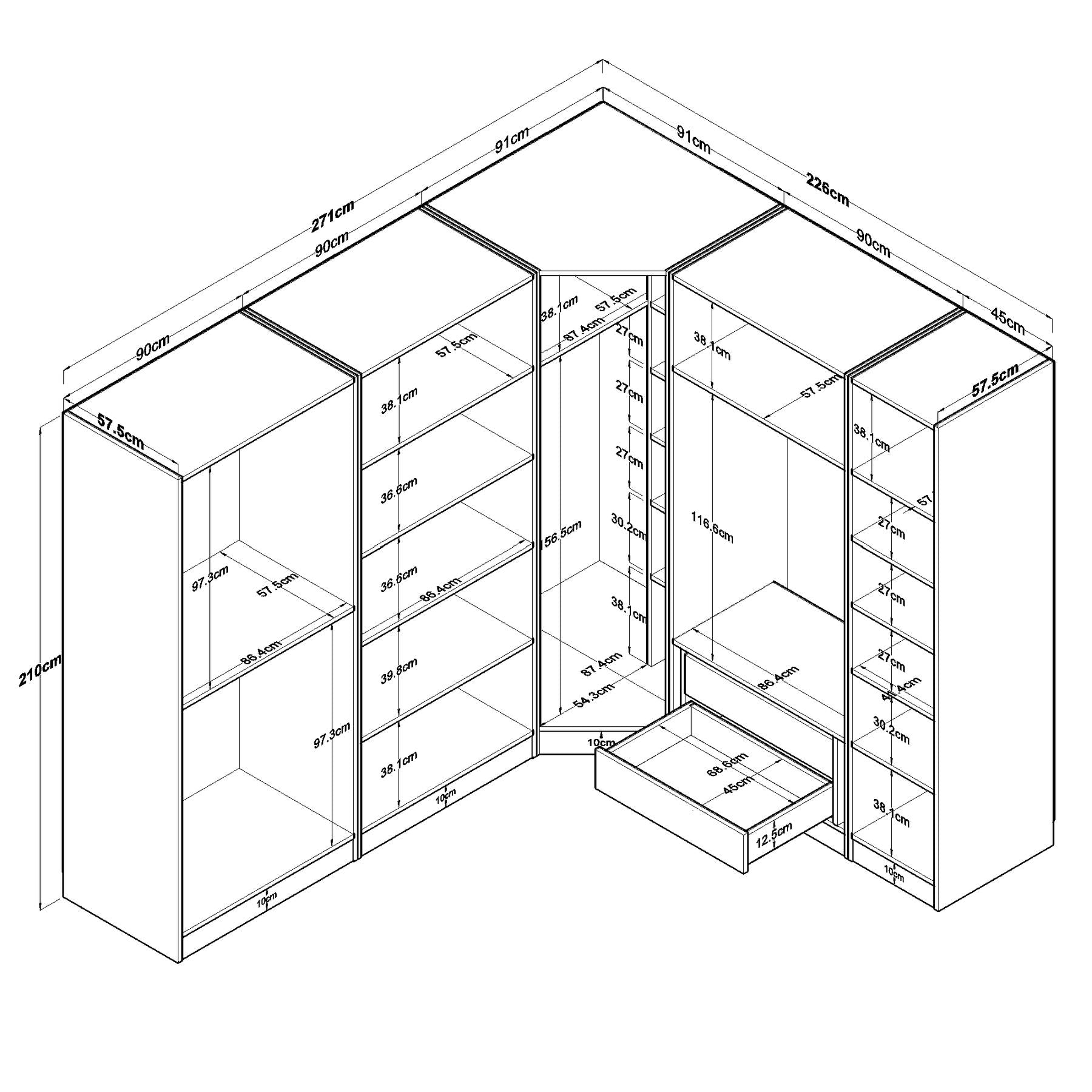 Geniş Köşe Gardırop Elbise Dolabı 8 Kapaklı 2 Çekmeceli 18 Raflı 4 Askılı Modüler Dolap Beyaz  VLR 7011