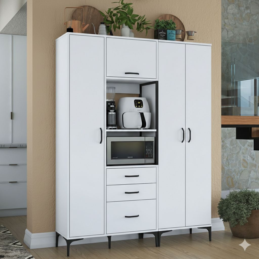 Çok Amaçlı Dolap 4 Kapaklı 3 Çekmeceli Kiler Mutfak Dolabı Beyaz VLR 3007